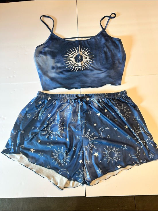 None Other - Satin Sun & Moon Navy Blue Cami and Shorts Sleep Set